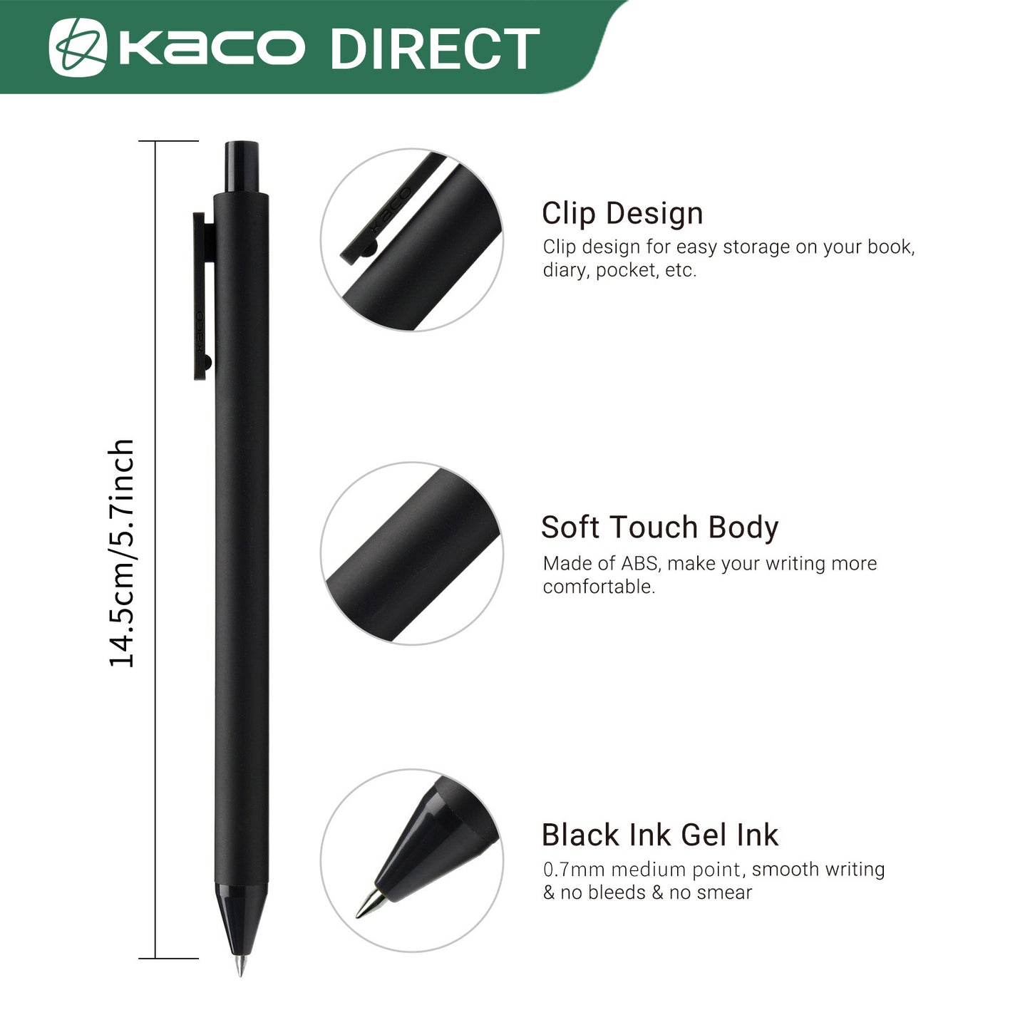 Kaco Gel Pens, 0.5 mm Fine Point, Black Ink 10 Count, Quick Dry Smooth Writing, Aesthetic Office Supplies Refillable Retractable