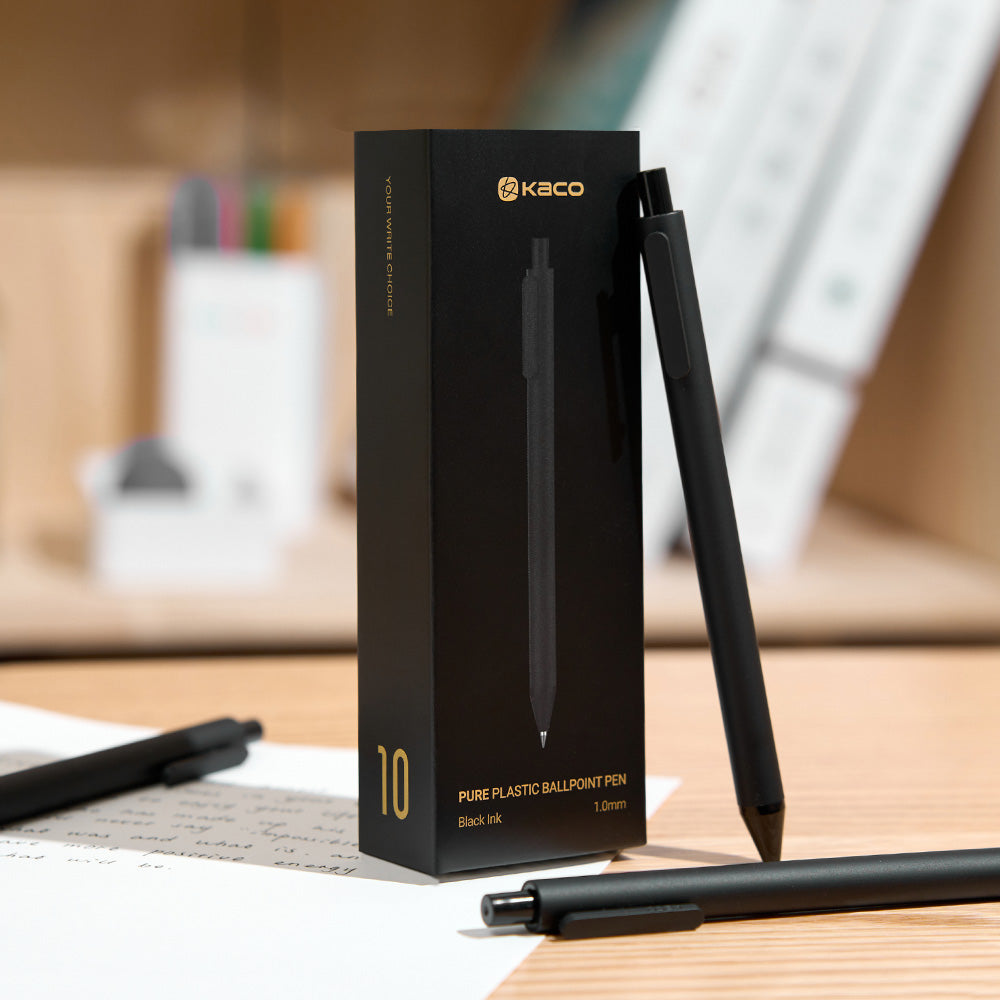 Kaco 10 Pieces Ballpoint Pens PURE, Black Ink, 1.0 mm Medium Point, 10 Count Pack Pens Retractable Journaling Office Supplies