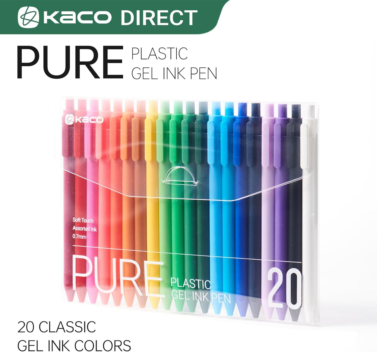 Kaco PURE Gel Pens 20 Pieces 0.7 mm Color Ink Aesthetic Journaling Pens Cute, Retractable, Soft Touch Barrel, Quick Drying (20 Assorted Ink)