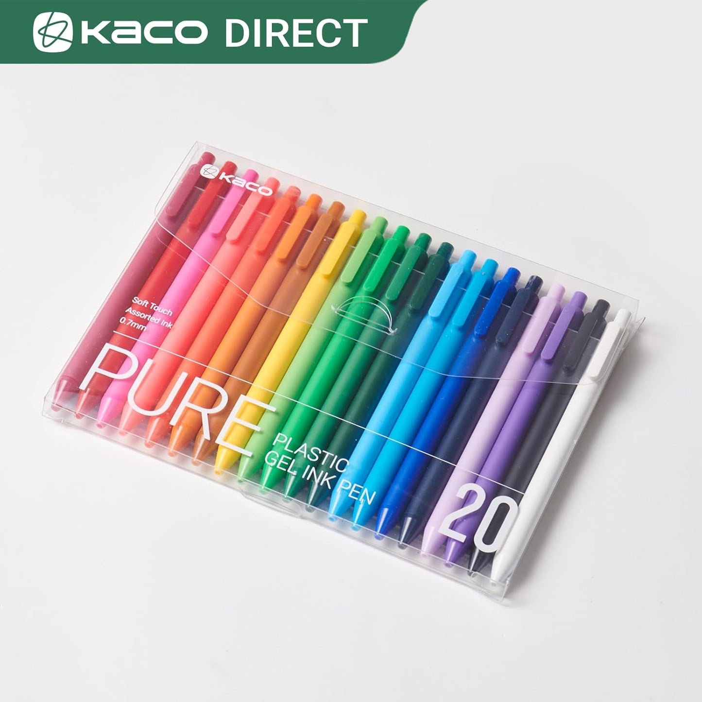 Kaco PURE Gel Pens 20 Pieces 0.7 mm Color Ink Aesthetic Journaling Pens Cute, Retractable, Soft Touch Barrel, Quick Drying (20 Assorted Ink)