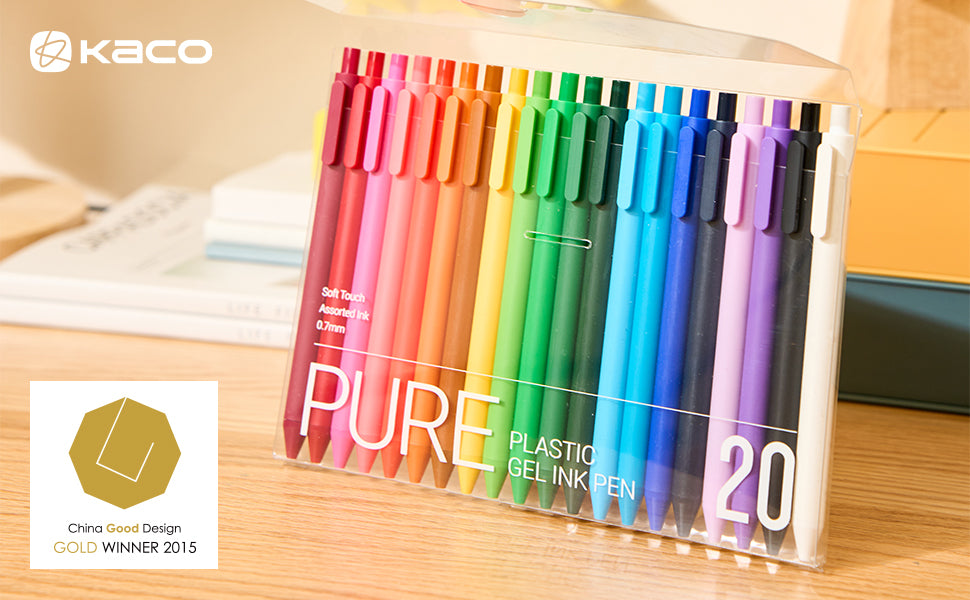 Kaco PURE Gel Pens 20 Pieces 0.7 mm Color Ink Aesthetic Journaling Pens Cute, Retractable, Soft Touch Barrel, Quick Drying (20 Assorted Ink)