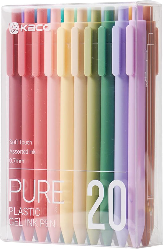 Kaco PURE Gel Pens 20 Color Ink Assorted 0.7 mm, Medium Point, Aesthetic Cute Stationery Pens for Journaling Pens (20 Assorted Ink - Version1)