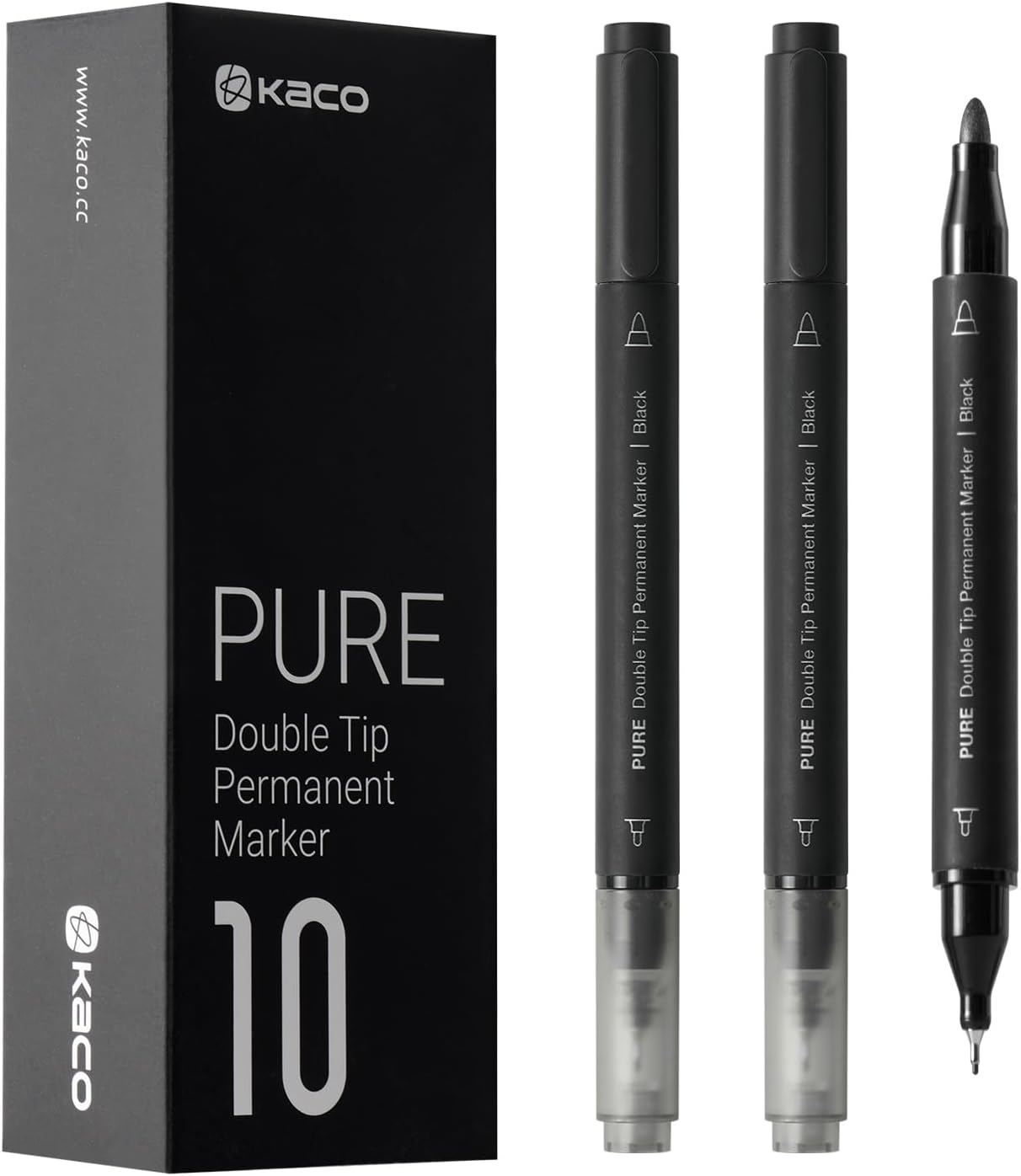 PURE Permanent Markers Black Fine Point, 10 Pieces Set, Dual Tip, 0.8mm/4.0mm Point, Work on Wood, Glass, Paper, Ceramic for Office School Supplies