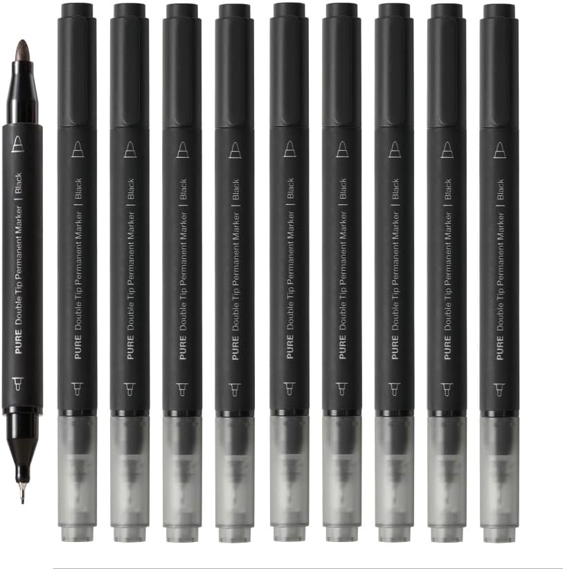 PURE Permanent Markers Black Fine Point, 10 Pieces Set, Dual Tip, 0.8mm/4.0mm Point, Work on Wood, Glass, Paper, Ceramic for Office School Supplies