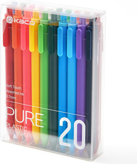 Kaco PURE Gel Pens Assorted Color Ink 20 Pieces, 0.7mm Medium Point, Aesthetic Cute Stationery Pens for Journaling Note Taking Pens