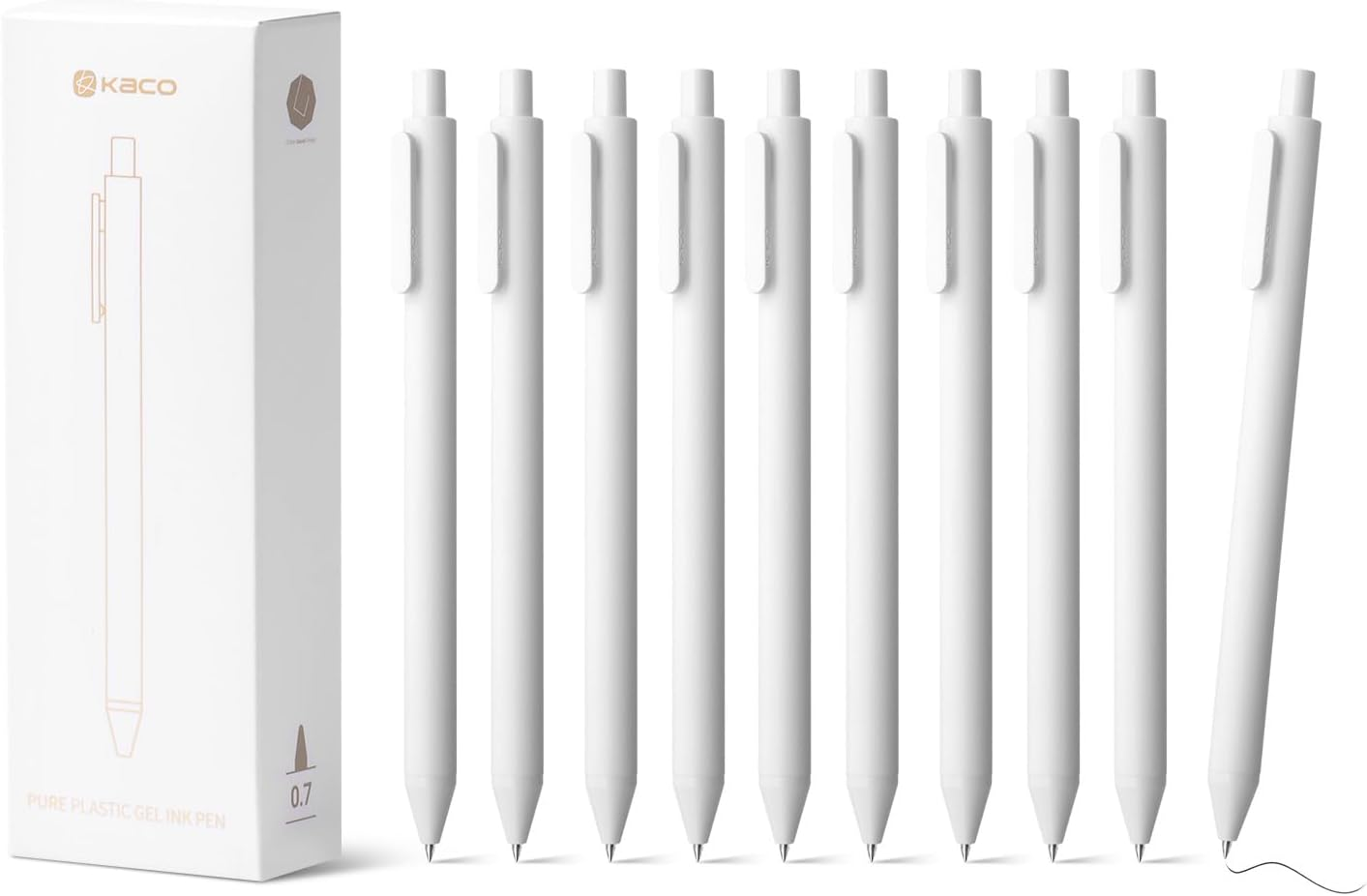 Kaco PURE White Gel Pens 0.5mm Fine Point Black Ink 10 Count, Quick Dry Smooth Writing, Aesthetic Office Supplies Refillable Retractable Low Center of Gravity