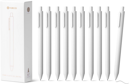 Kaco PURE White Gel Pens 0.5mm Fine Point Black Ink 10 Count, Quick Dry Smooth Writing, Aesthetic Office Supplies Refillable Retractable Low Center of Gravity
