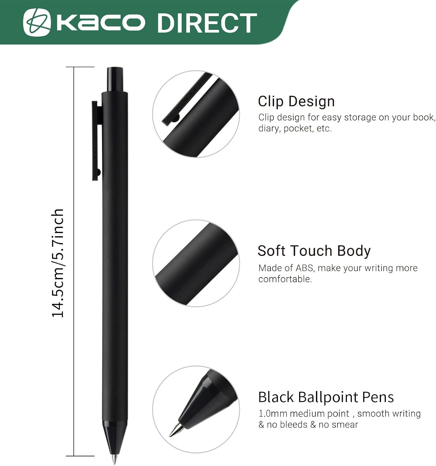 Kaco 10 Pieces Ballpoint Pens PURE, Black Ink, 1.0 mm Medium Point, 10 Count Pack Pens Retractable Journaling Office Supplies