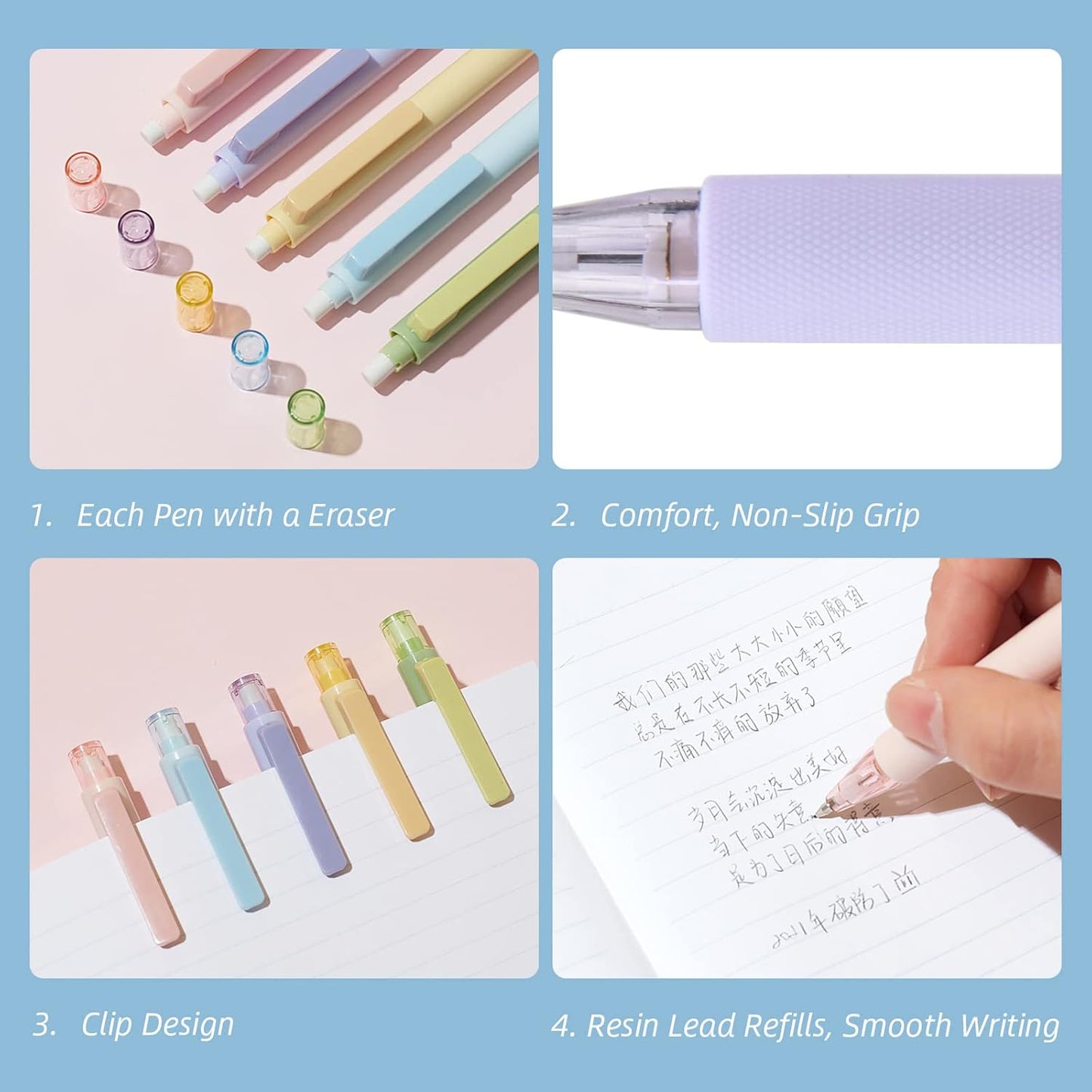 Kaco Mechanical Pencil Set, 5 Pieces Cute Pastel Pencils 0.5 mm with 5 Tube HB Lead Refills (5 Pieces - 5 Mixed Color)