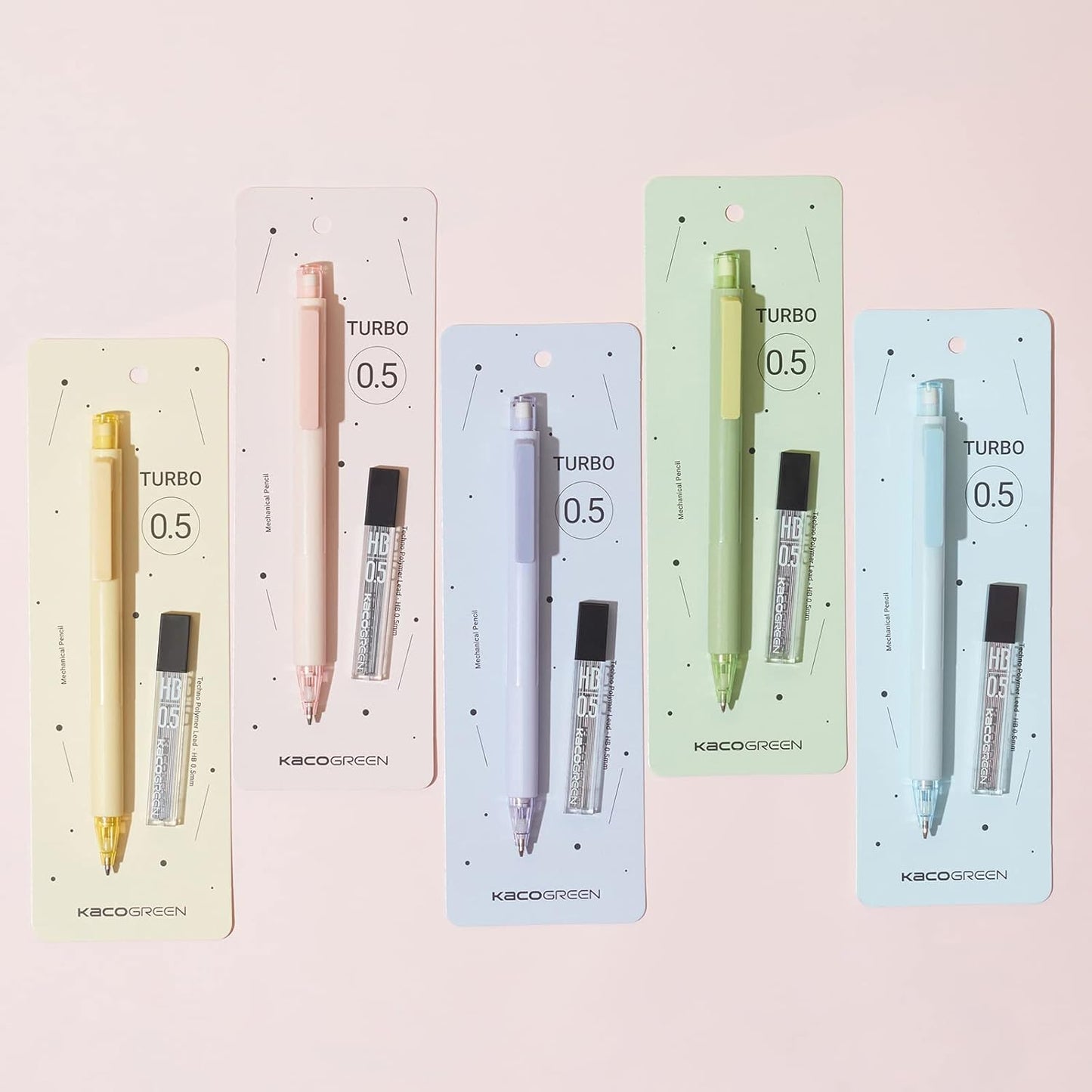 Kaco Mechanical Pencil Set, 5 Pieces Cute Pastel Pencils 0.5 mm with 5 Tube HB Lead Refills (5 Pieces - 5 Mixed Color)