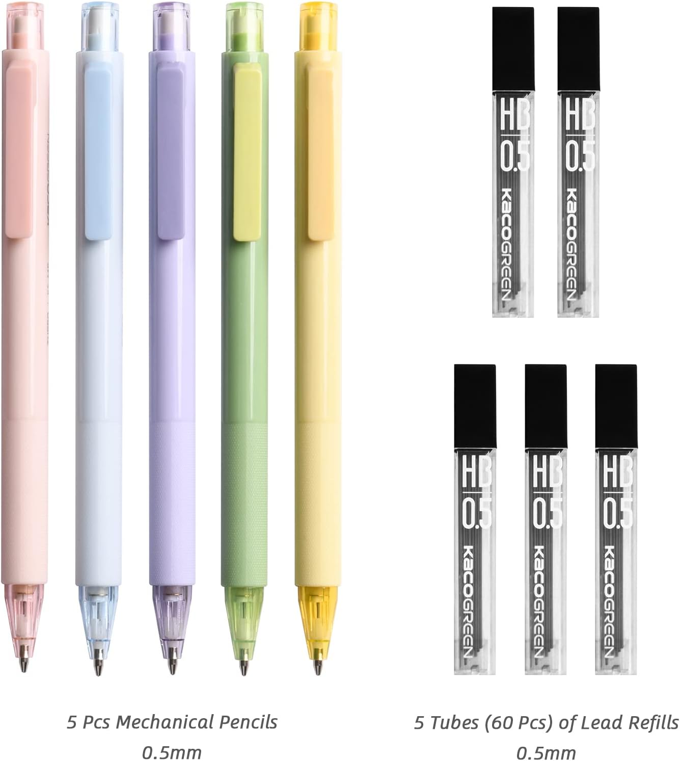 Kaco Mechanical Pencil Set, 5 Pieces Cute Pastel Pencils 0.5 mm with 5 Tube HB Lead Refills (5 Pieces - 5 Mixed Color)