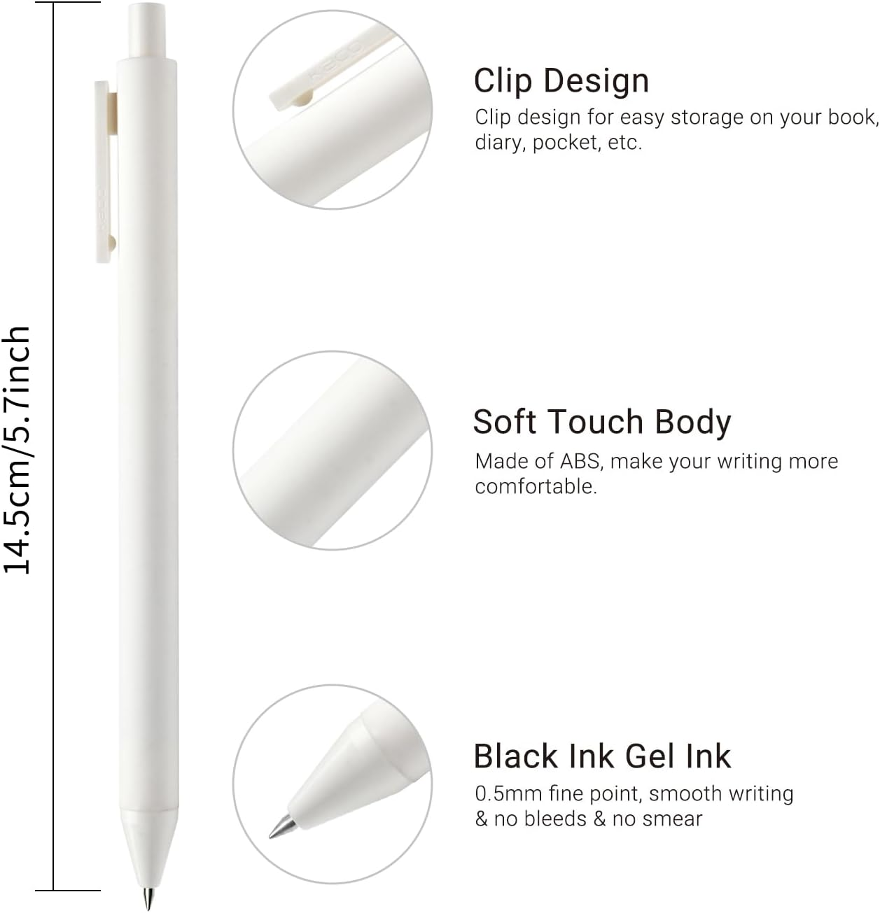 Kaco PURE White Gel Pens 0.5mm Fine Point Black Ink 10 Count, Quick Dry Smooth Writing, Aesthetic Office Supplies Refillable Retractable Low Center of Gravity