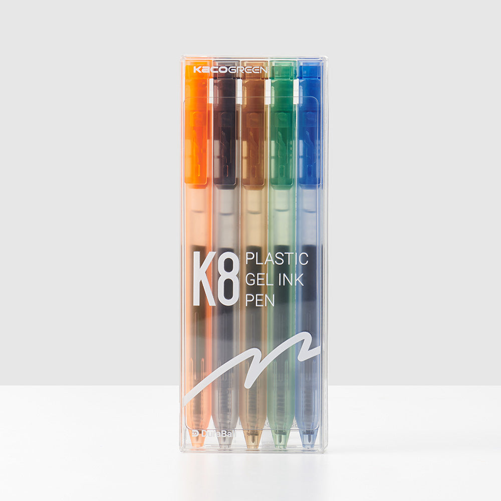 Kaco K8 Retractable Colored Gel Ink Pens 5 Pieces Colored Barrel with All Black Ink Disposable