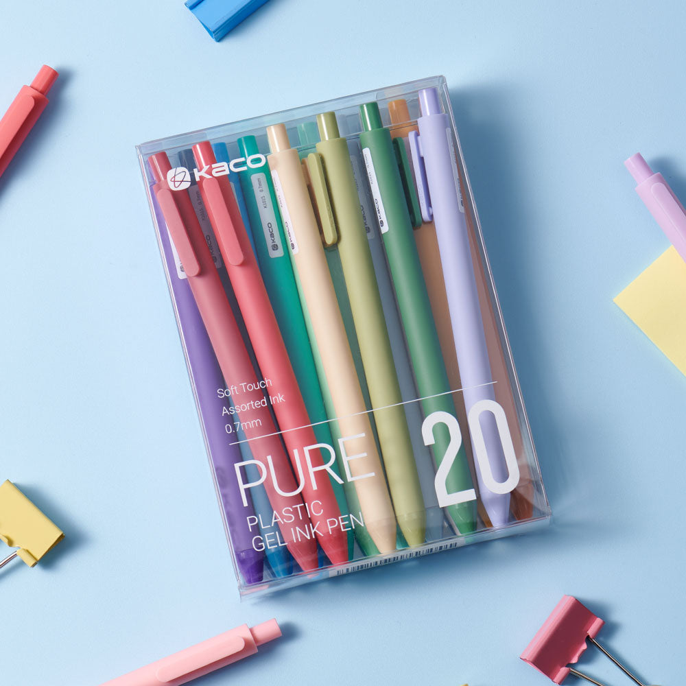 Kaco PURE Gel Pens 20 Color Ink Assorted 0.7 mm, Medium Point, Aesthetic Cute Stationery Pens for Journaling Pens (20 Assorted Ink - Version1)